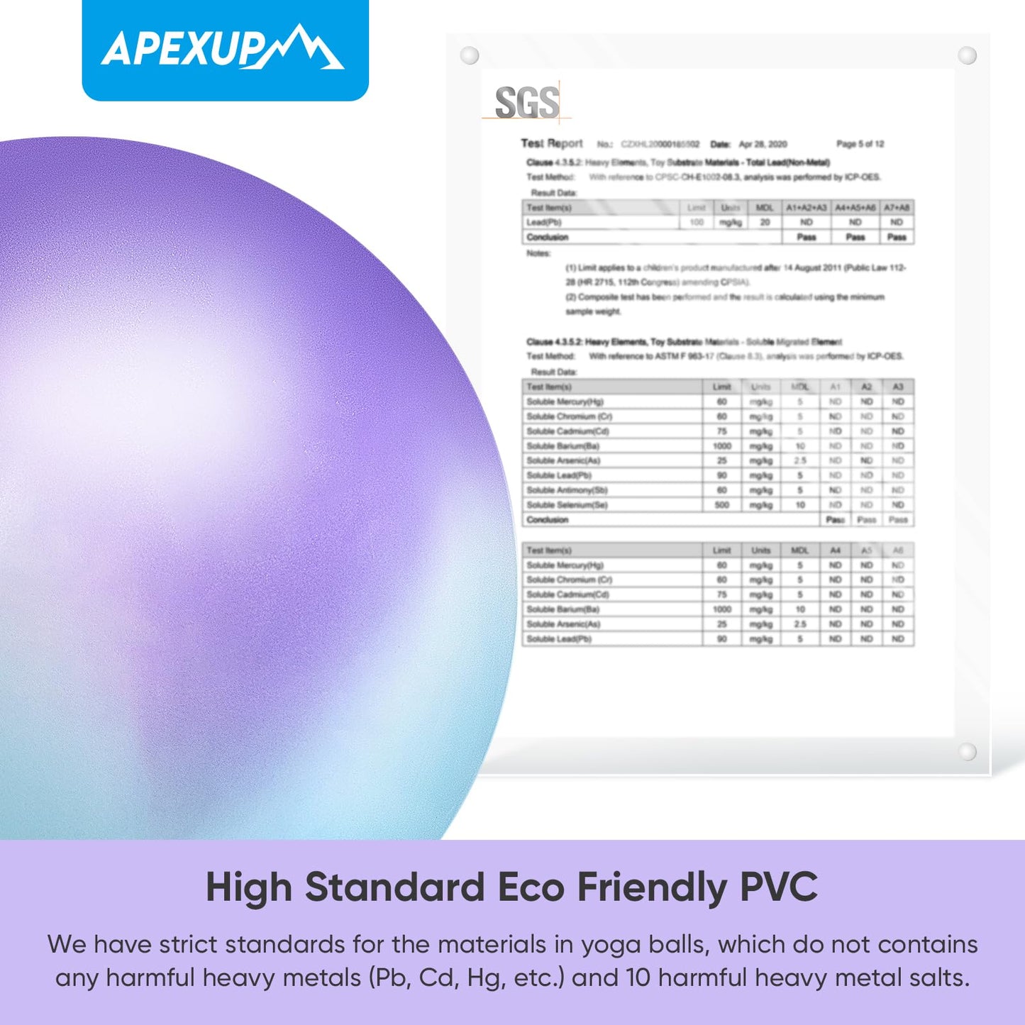 APEXUP Yoga Ball Exercise Ball, Heavy Duty Gym Ball for Fitness, Balance, Core Workout, Physical Therapy (S (15"~18") 45cm, Blue Purple)