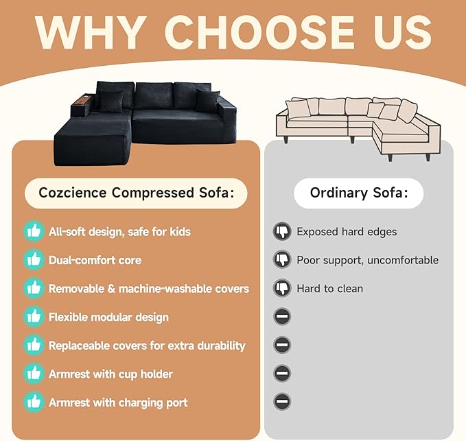 Modular Sectional Sofa Cloud Couch with Multi-Functional Armrests, Boneless Plush L-Shape Living Room Couch with Deep Seat, Fluffy Comfy Sleeper Sofa Easy Assembly (Black, Right Chaise)
