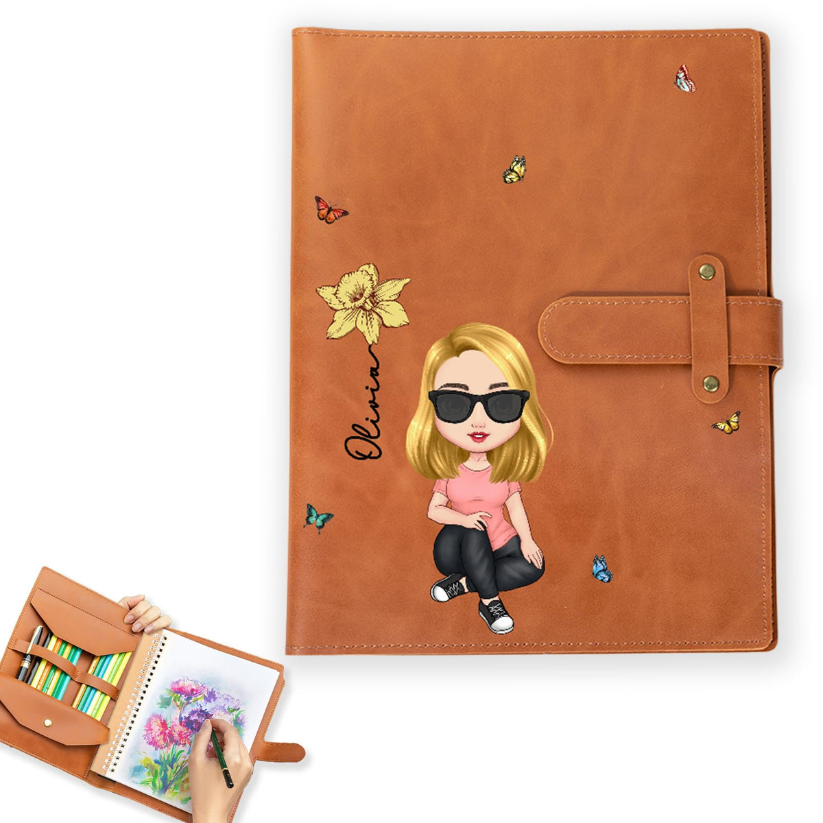 CALLIE Personalized A5 Sketchbook Cover with Storage Pocket - Custom Name and Cartoon Character on PU Leather Notebooks Cover - Gifts for Teachers Artists Students