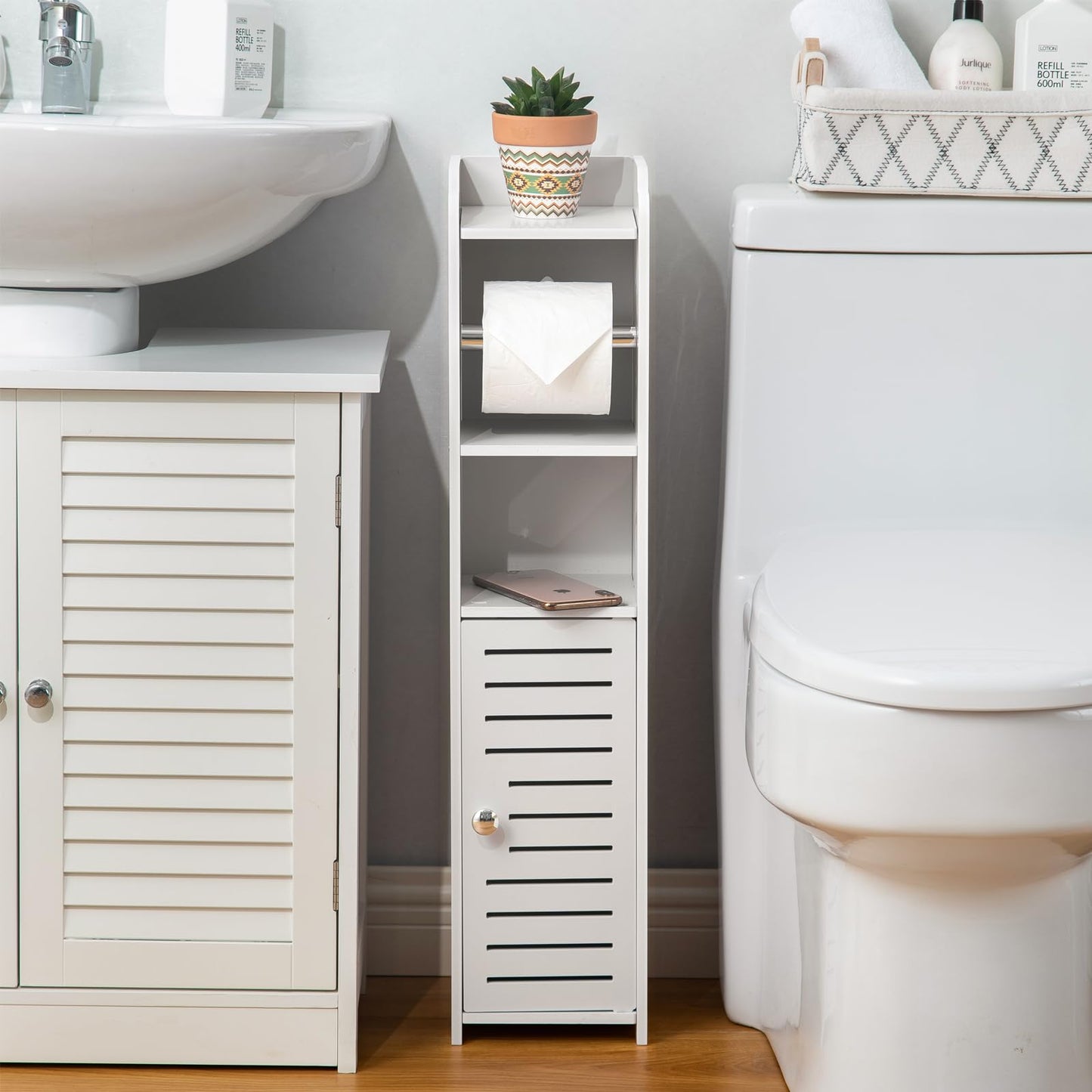 AOJEZOR Toilet Paper Holder Stand: Bathroom Storage Cabinet Beside Toilet for Small Space Bathroom with Toilet Roll Holder - White