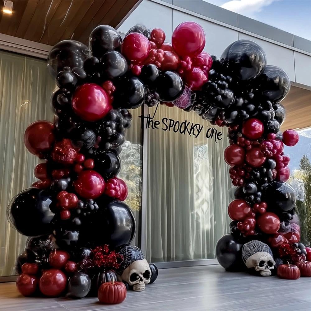 Black Red Balloon Arch Double Stuffed Black Burgundy Maroon Balloons Dark Ruby Red Metallic Balloon Garland Kit for Birthday Wedding Halloween Casino Anniversary Graduation Party Decoration