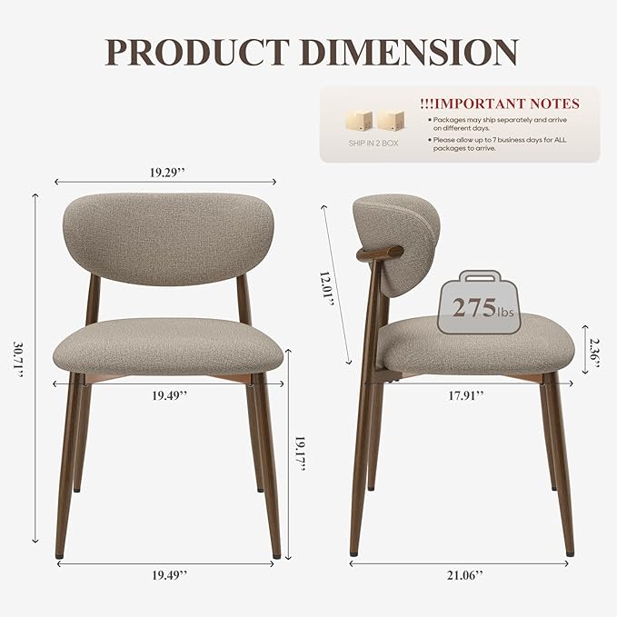 MALOL Dining Chairs Set of 4, Upholstered Dining Room Chairs with Metal Legs and Anti Slip Pads, Curved Back Kitchen Chair for Home and Restaurant Use, Camel