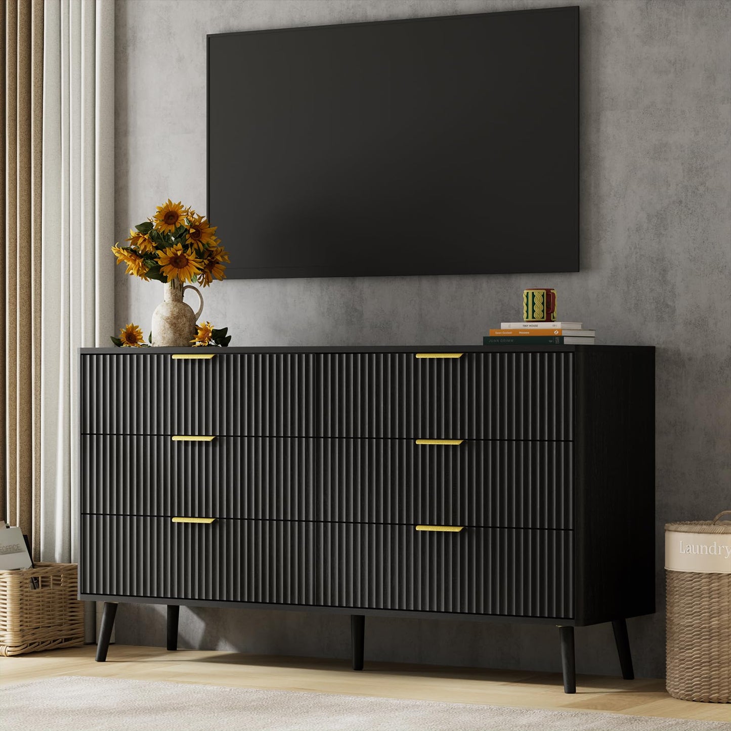 LYNSOM 55" Wide Fluted Dresser for Bedroom with 6 Drawer, Modern Chest of Drawers with Curved Profile Design and Metal Handles, Wood Dresser TV Stand & Storage Organizer for Living Room, Black