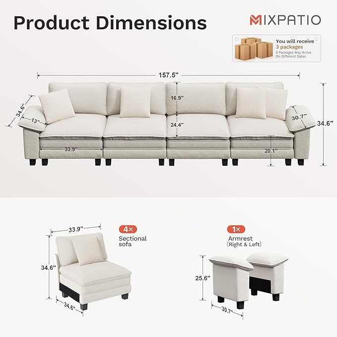 MIXPATIO 157.5" Cloud Modular Sectional Sofa, 4-Seater w/Deep Seat & Removable Arms, Plush Chenille for Living Room - Beige