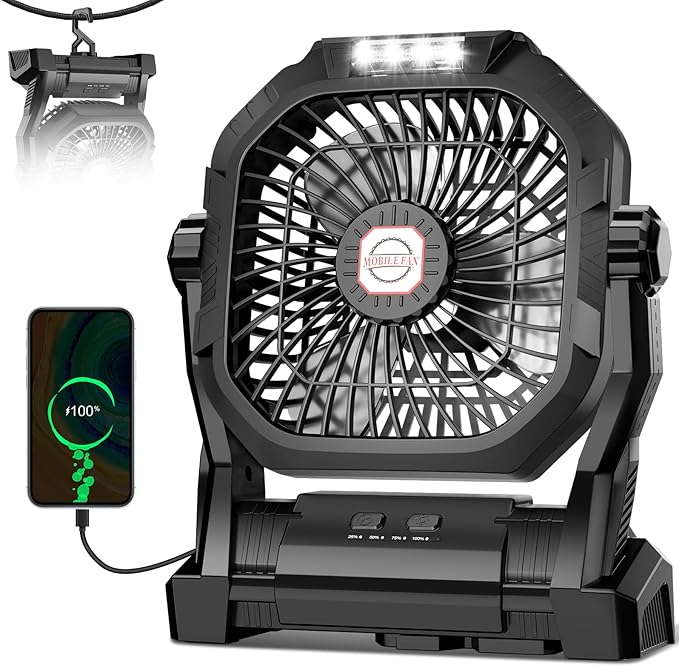 Camping Fan Rechargeable, 20000mAh Battery Powered Portable Fan with LED Light & Hook, 4-Speed 270° Adjustable, Camping Es...