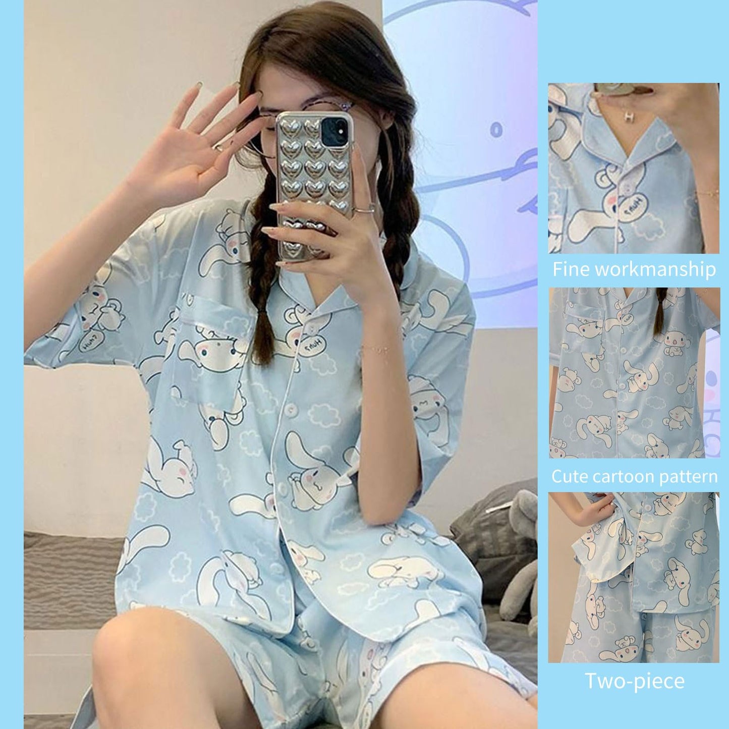 TradWloth Cute Women's Pajama Sets, Cartoon Print Sleepwear Short Sleeve Shirt and Casual Short - 2 Piece Blue