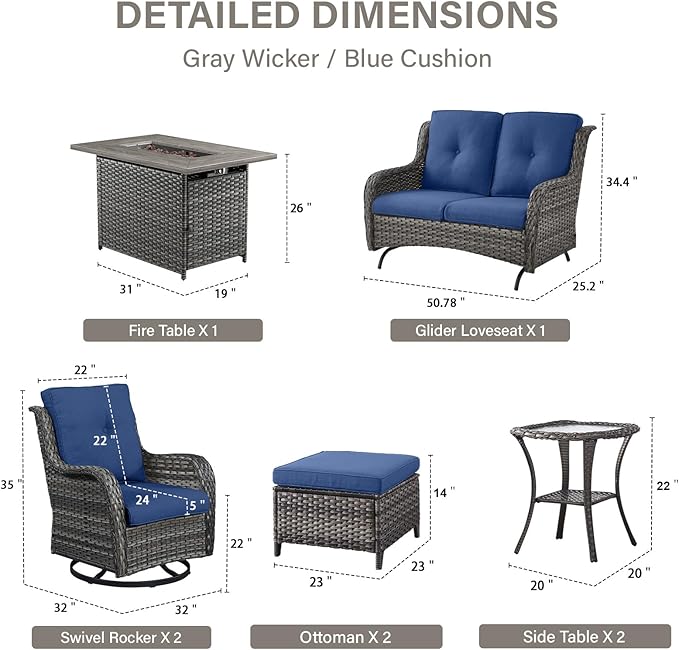 Belord 8 Piece Outdoor Patio Furniture Set - 41" CSA Propane Fire Pit Table Patio Conversation Set with Swivel Rocker Outdoor Chairs, Wicker loveseat and Ottoman for Outside Casual Gathering
