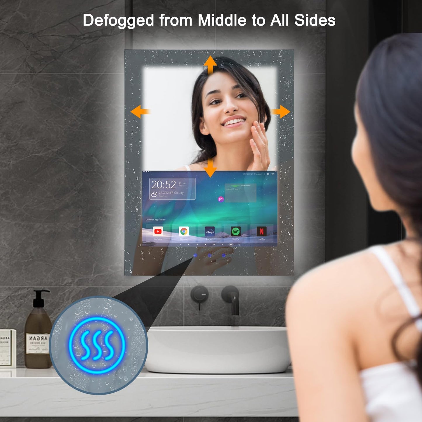 Haocrown 24x32 Inch Bathroom Vanity Mirror with 21.5" Touch Screen Smart System, Side-Lit LED Ambient Lighting, IP66 Waterproof & Anti-Fog, Streaming Apps, Wi-Fi Bluetooth HDMI, Wall Mounted (2026)