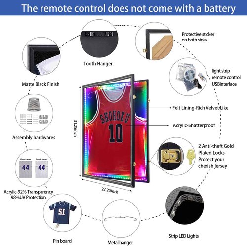 Grintus Jersey Frame Display Case,Lockable with Colorful Led Lights Display Box for Jersey Display with UV Protection Acrylic and Hanger for Baseball Basketball Football Hockey Sport Shirt,Black