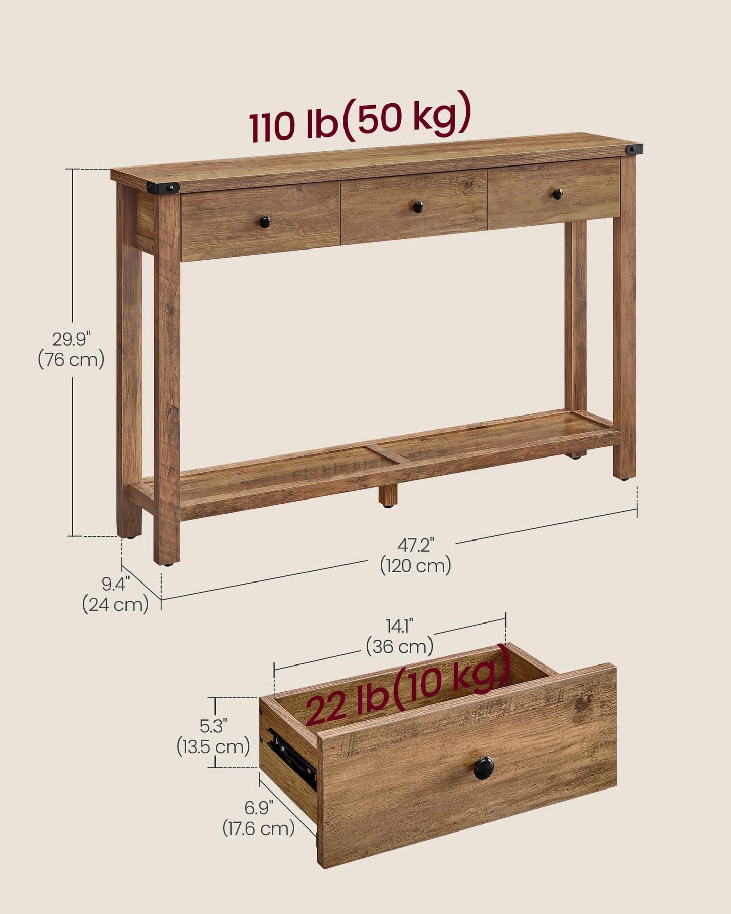 VASAGLE Console Sofa Table, Narrow Entryway Table with 3 Drawers, Open Storage Shelf, Metal Corners, for Living Room, Farmhouse Style, Honey Brown ULNT142K41