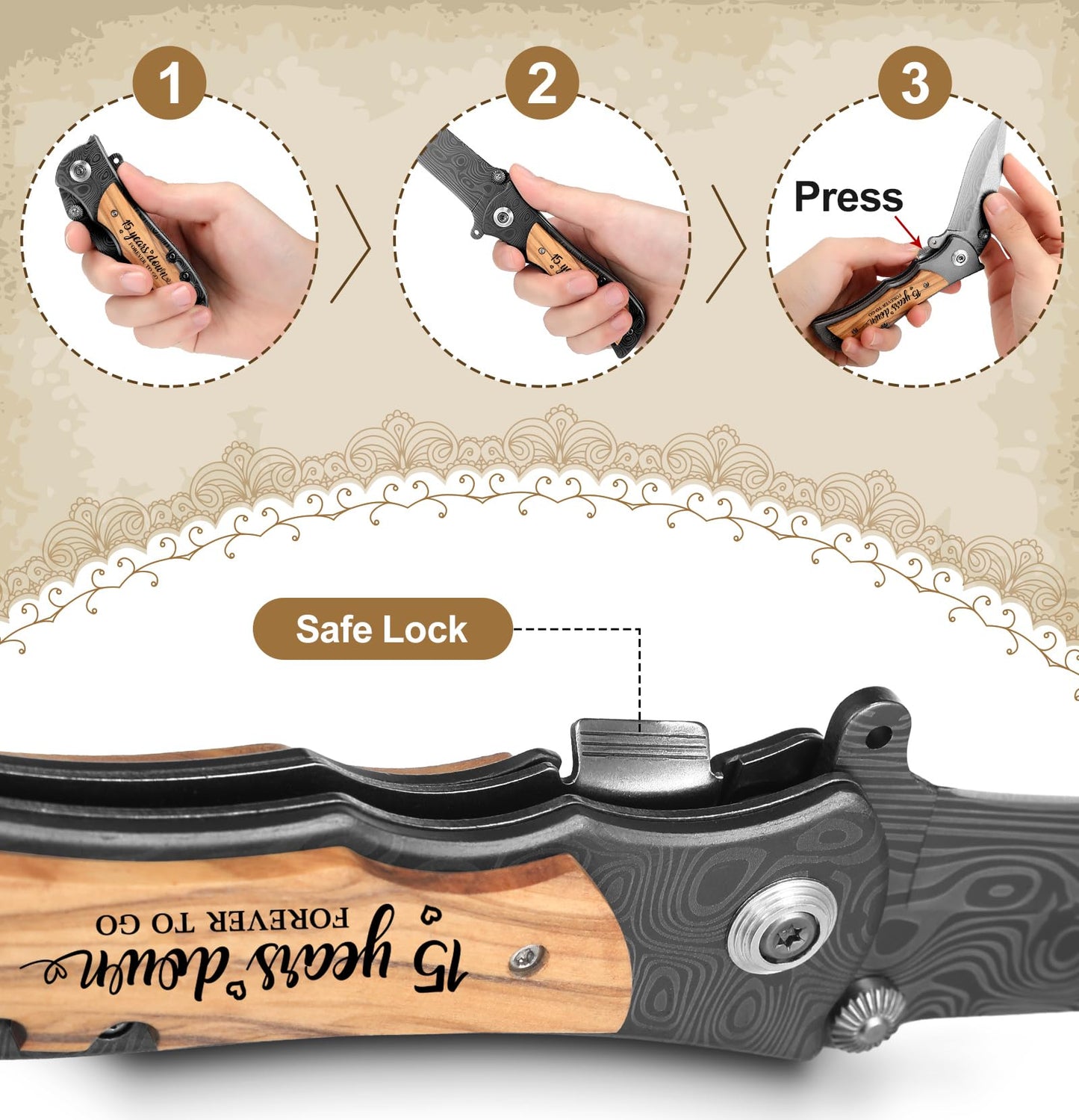 Lanties 15 Years Anniversary Keepsake Gifts for Him Engraved Pocket Knife with Gift Box Happy Tin Anniversary Customized Wedding Birthday Father's Day Gifts for Men Husband