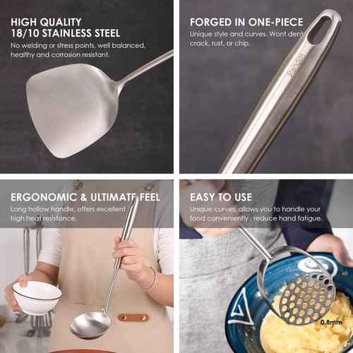 18/10 Stainless Steel Kitchen Utensils Set - 12 PCS All Metal Cooking Tools & 15″ Serving Utensils - Potato Masher, Meat Fork, Tongs, Turner, Pasta, Serving Spoon, Skimmer, Ladle, Spatula Spoon Set