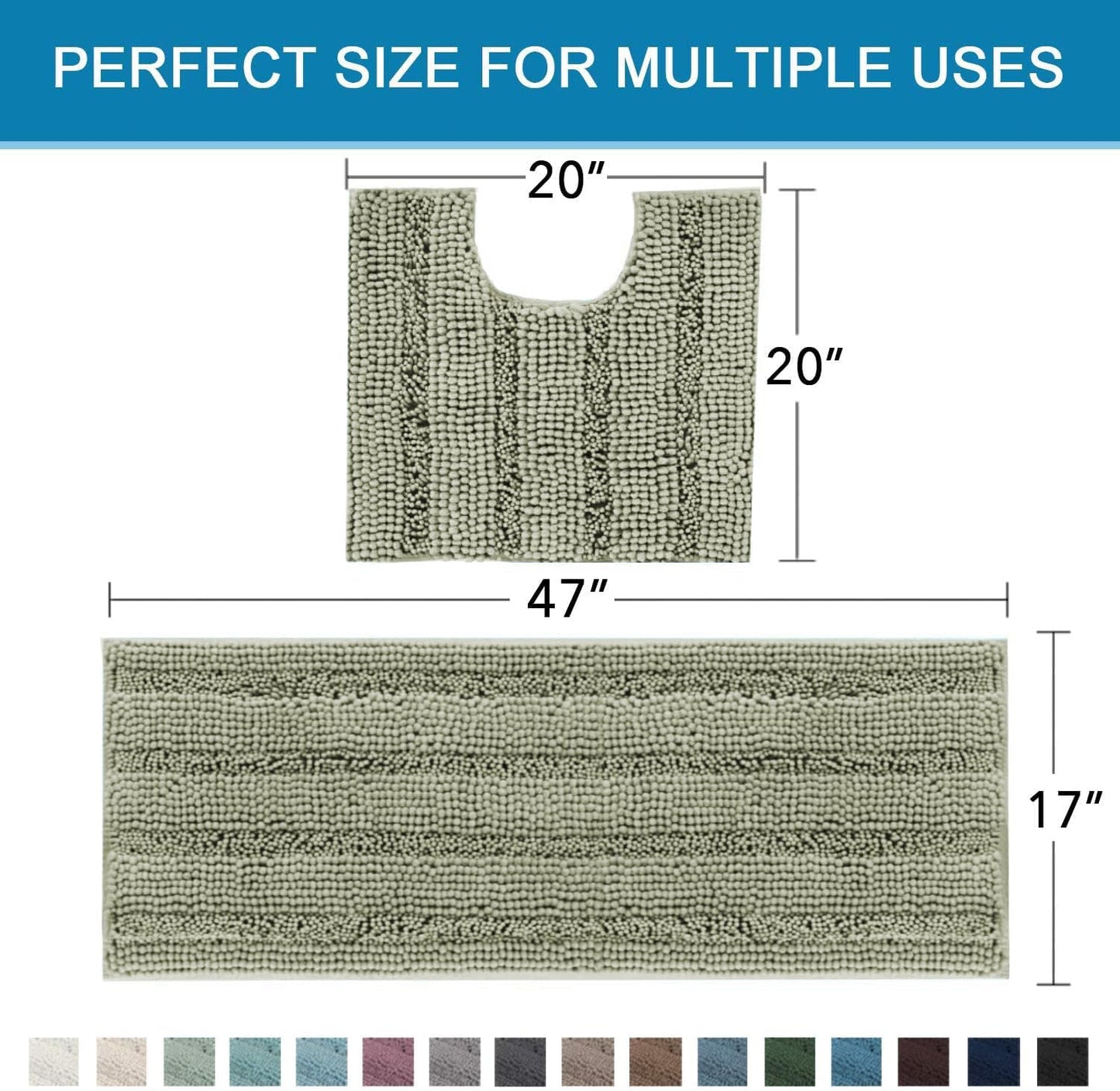H.VERSAILTEX Bathroom Rug Sets 2 Piece Bath Mats Non Slip Thick Soft Chenille Striped Bath Rug achine Washable Shower Floor Rugs for Tub, Shower and Floor (Eucalyptus Green, 47"x17" Plus 20"x20" U)