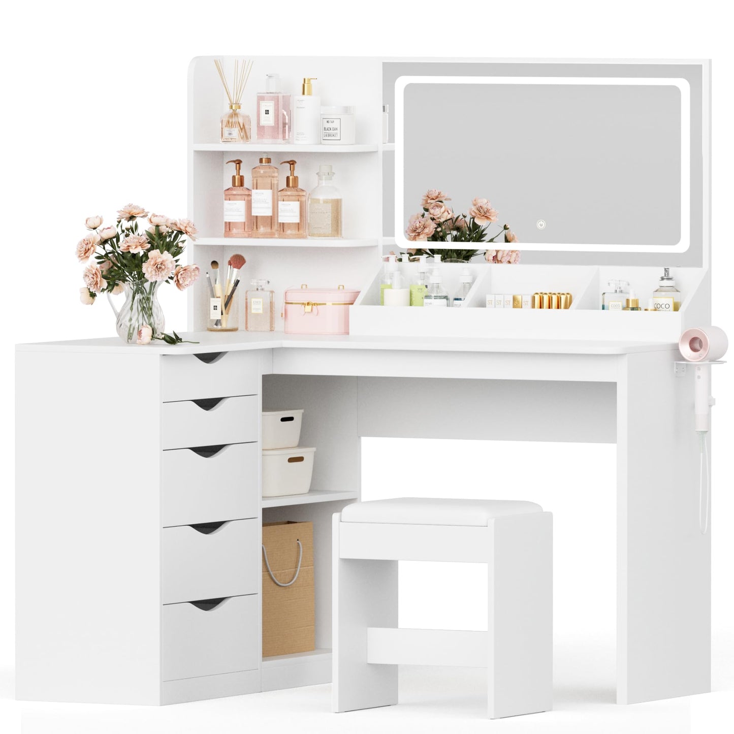 JUMMICO Makeup Vanity Desk with Mirror and Lights, L- Shaped Vanity, Modern Vanity Table with 5 Drawers & Adjustable Shelves, Power Outlet with Fast Charging, for Bedroom (White)
