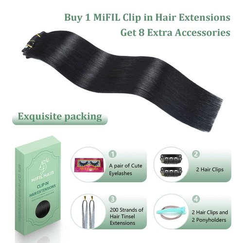 MIFIL Hair Extensions Real Human Hair 16 inch 120g Jet Black Hair Extensions Clip in Human Hair Straight Real Hair Extensions (16inch,7pcs,120g)