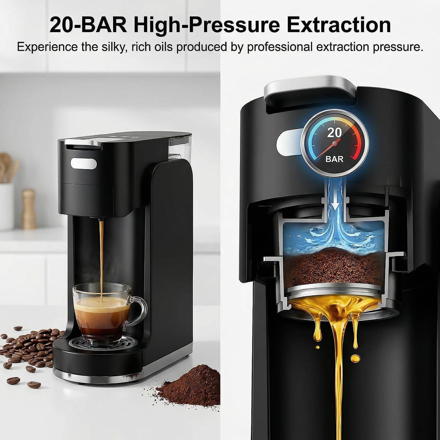 All-in-1 Single Serve Coffee Machine, Hot and Iced Coffee Maker for Ground Coffee, K-Cup Pod, NES Original and DG Pod, 20 Bar Espresso Coffee Maker, Customizable Brew Volume, Heats up in 3 seconds
