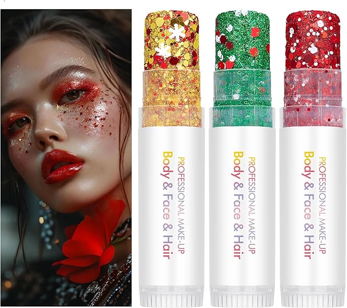Body Glitter Stick, Holographic Sparkling Sequins Neon Outfit Party Super Sparkly Face Paint Rave Festival Accessories Glitter Gel Makeup.(Gold & Red & White)