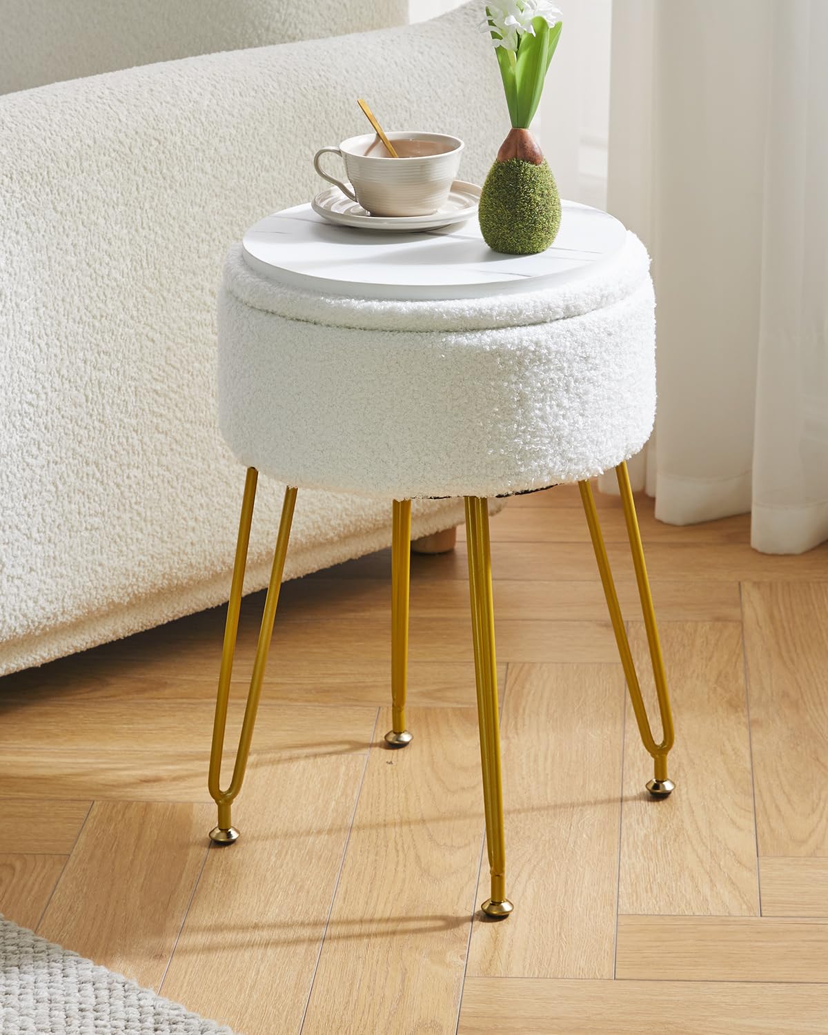 IBUYKE Teddy Velvet Storage Footrest Stool Ottoman, Makeup Vanity Stool Side Table with Removable Cover, Golden Steel Legs, Coffee Table Top Cover, White WBD010W