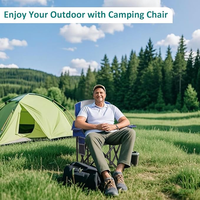 SAILARY Camping Chair Heavy Duty High Back Folding Chair with Cup Holder, 450lbs Capacity, Padded Seat, Cooler Bag & Storage Pocket, Portable for Outdoor, Beach, Fishing, Sports, 2 Pack Blue