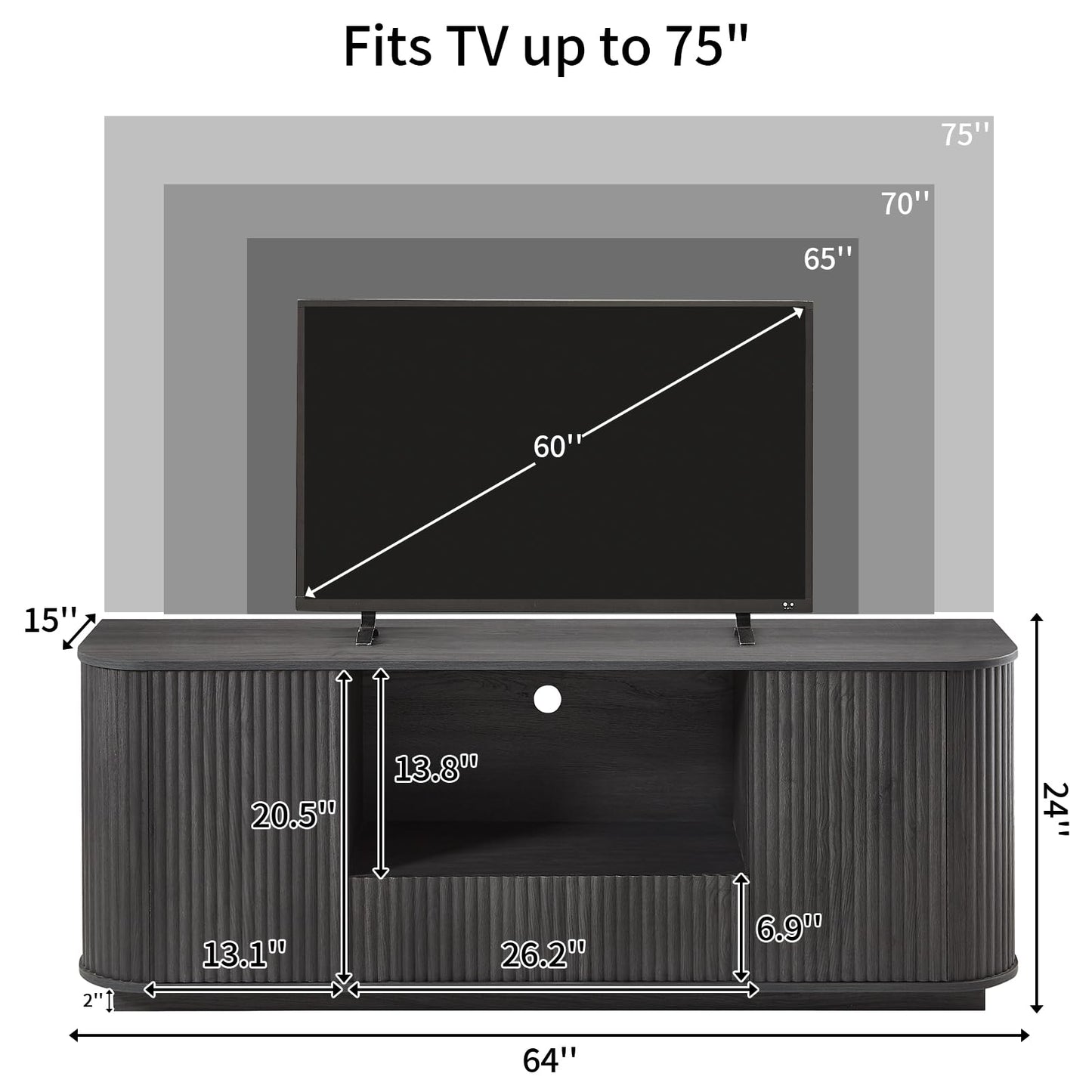 SZTHHDF 64" Fluted TV Stand for TVs Up to 75", Mid Century Modern Entertainment Center with Open Shelf and Drawer, Curved Profile Design, Media Console for Living Room, Bedroom(Black)