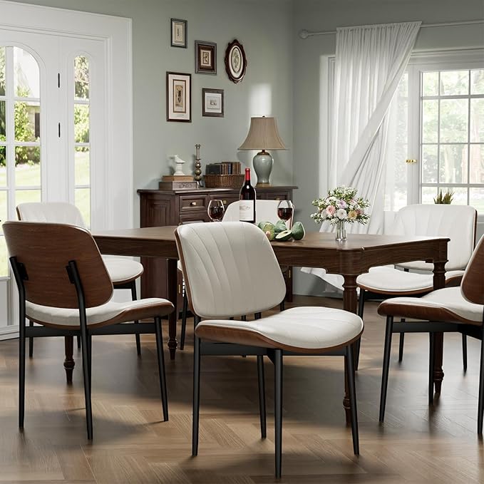YaFiti Dining Chairs Set of 6, Dining Room and Kitchen Chairs, Mid Century Modern Accent Chair, Upholstered PU Leather Chairs for Vanity with Walnut Bentwood and Metal Legs, Beige