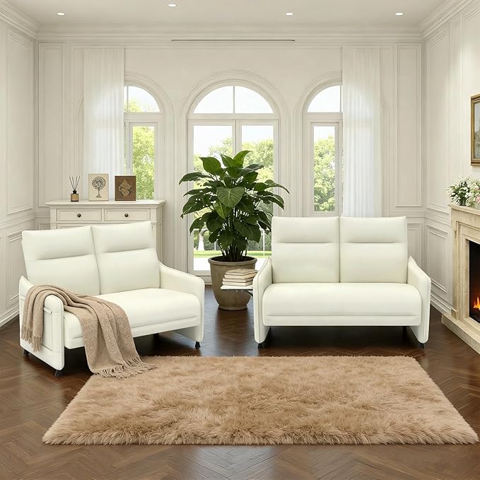 Tbillionnext Faux Leather Loveseat, Upholstered Loveseat with Hidden Foldable Tray & Side Pocket, Rear Contour Arm Design, Modern 2-Seater Sofa Couch for Small Spaces, Bedroom, Beige