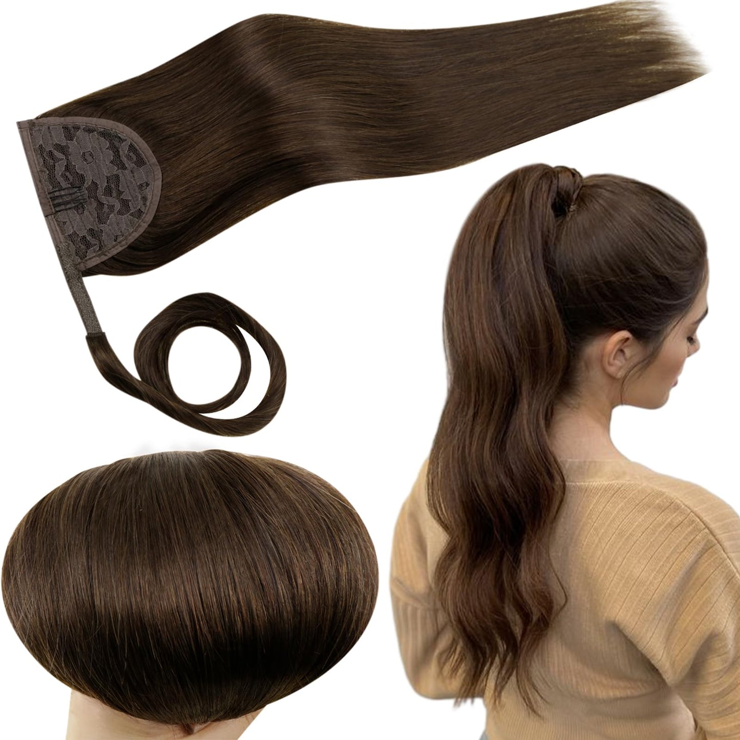 RUNATURE Human Hair Ponytail Brown Clip in Ponytail Extension Human Hair Wrap Around Real Hair Ponytail Extension with Magic Pas