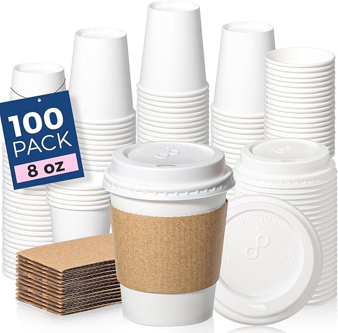 Fit Meal Prep 100 Pack 8 oz Disposable Coffee Cups with Lids, Sleeves, Leak-Proof To Go Coffee Cups with Lids, Durable Hot...