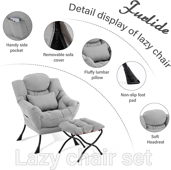 Furlide Lazy Chair with Ottoman, Modern Lounge Chair with Lumbar Pillow, Accent Cozy Reading Armchair and Folding Footstool for Bedroom, Dorm, Living Room,Light Grey