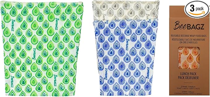 BeeBAGZ - Assorted 3 Pack - Beeswax Wrap Storage Bag - Plastic and Silicone Free - Reusable Beeswax Food Wrap Bags- 2 Sizes (Lunch Pack, 2 Small + 1 Medium, (Multicolor)