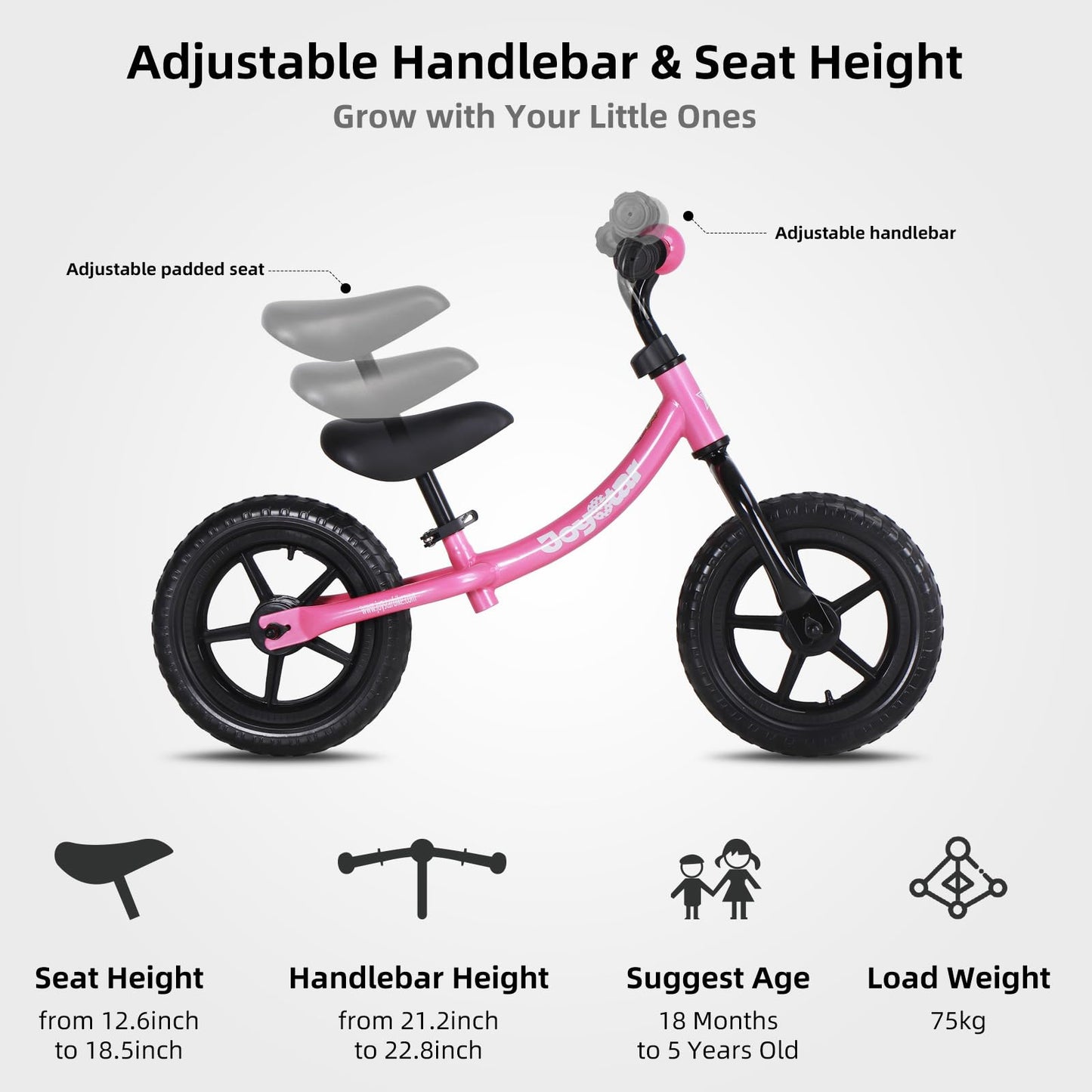 JOYSTAR 12 Inch Balance Bike for 18months, 2, 3, 4, and 5 Years Old Boys and Girls, Lightweight Push Bike with Adjustable Handlebar and Seat, Gift Bike for 2-5 Boys Girls