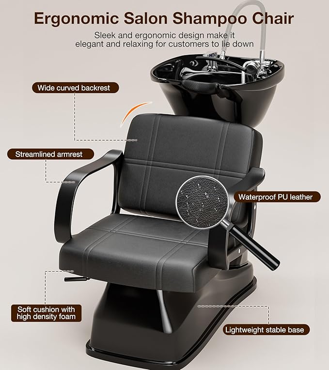 SyyBhb Shampoo Chair and Bowl for Salon, Head Spa Waterfall and Sprayer, Tilting ABS Bowl, Distance Adjustable Seat, Barbershop Spa Equipment