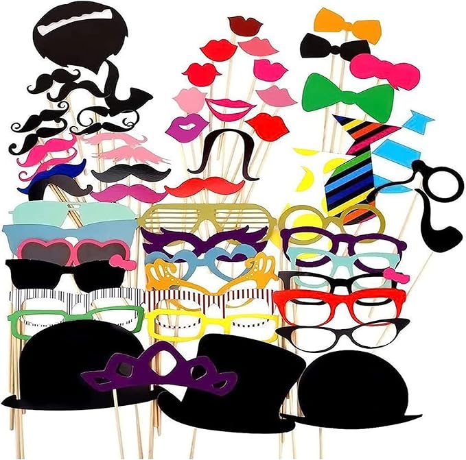 Party Props for Photo Booth Birthday Wedding Kids Adult Prom 58 Pcs, Rowae DIY Funny Costumes with Mustache on a Stick, Ha...
