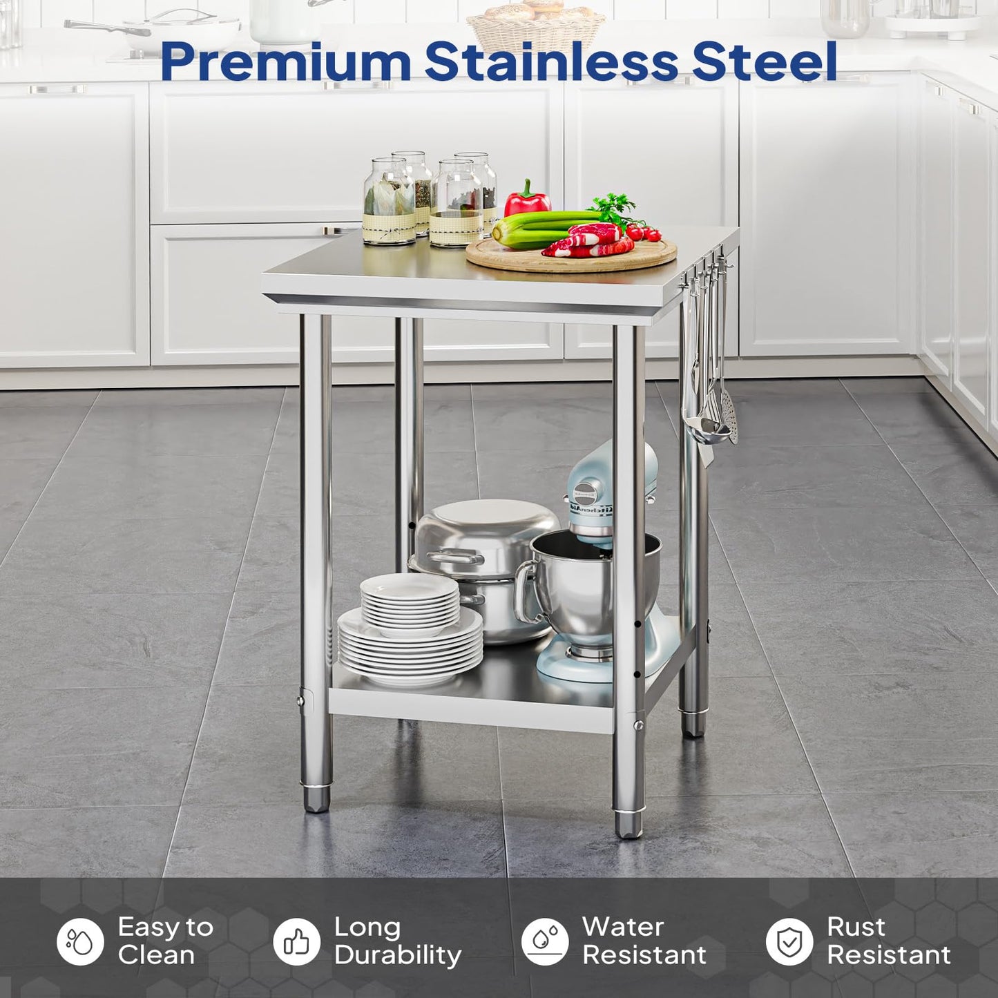 ROVSUN 24 X 24 Inch Stainless Steel Table,Commerical Prep Table for Work, Heavy Duty Metal Table with Hooks & Adjustable UnderShelf for Home Kitchen Restaurant Garage Warehouse Outdoor