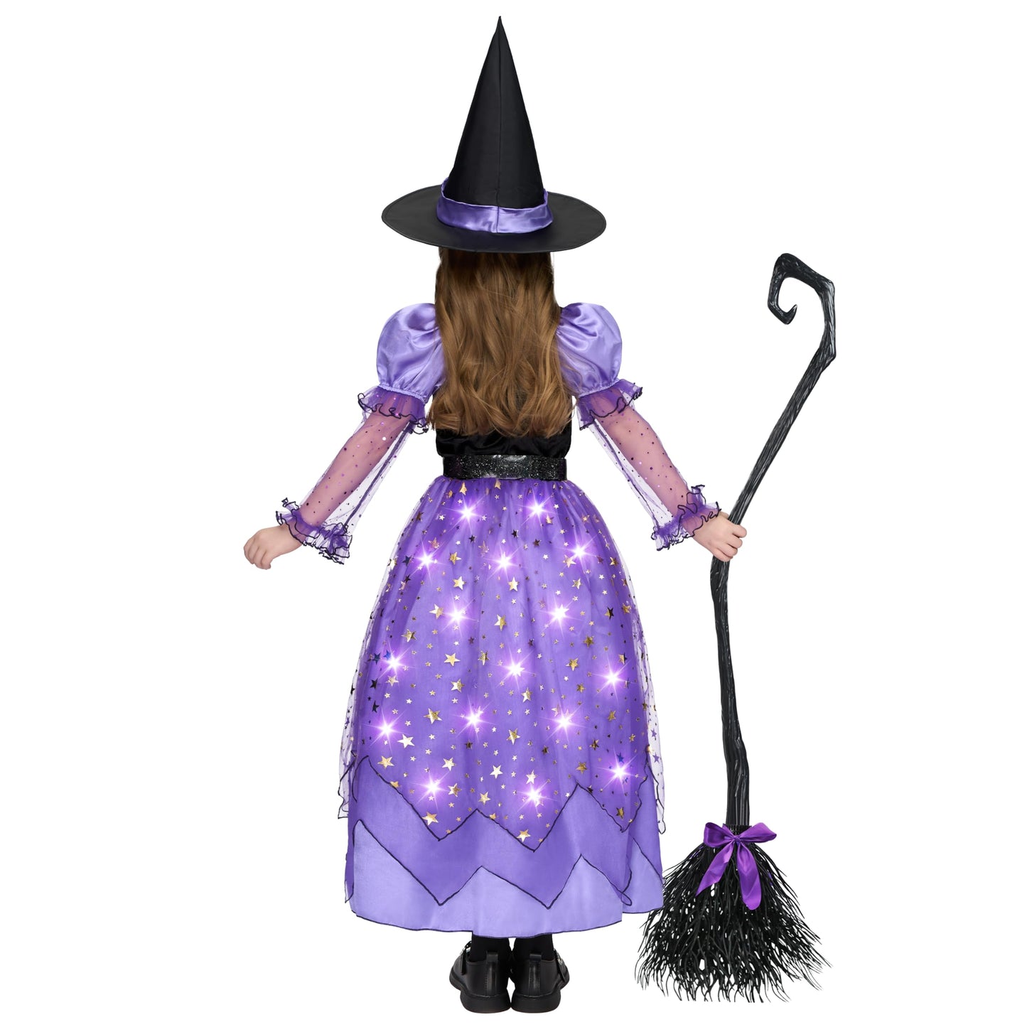Spooktacular Creations Girls Witch Costume, Light up Witch Costume Kids, Starry Dress with Broom Belt Hat for Child Halloween Role Play Parties, S