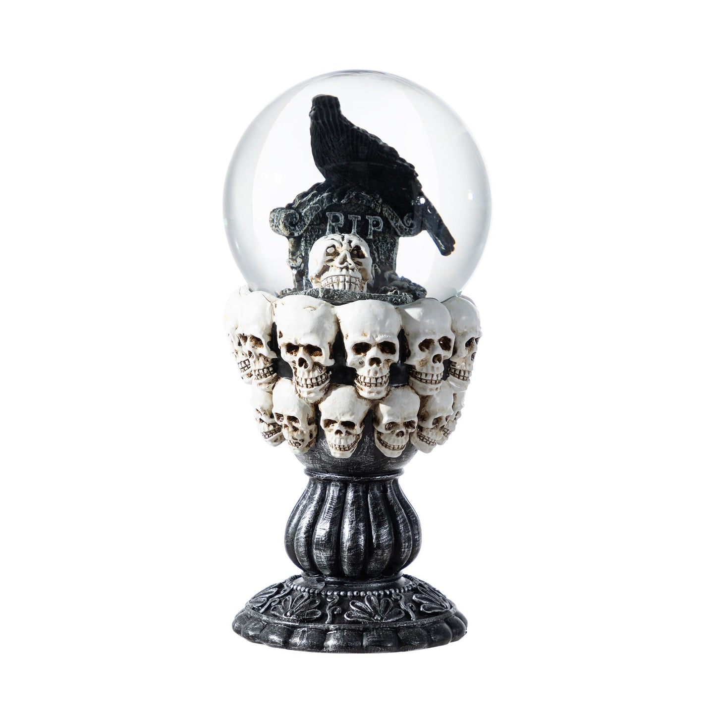 Glitzhome 100MM Halloween Stacked Skull Water Snow Globe, 7.25''H Poly Resin Stacked Skull Raven Waterglobe for Halloween Decor, Gothic Home Decoration, Spooky Gift, and Holiday Tabletop Decoration