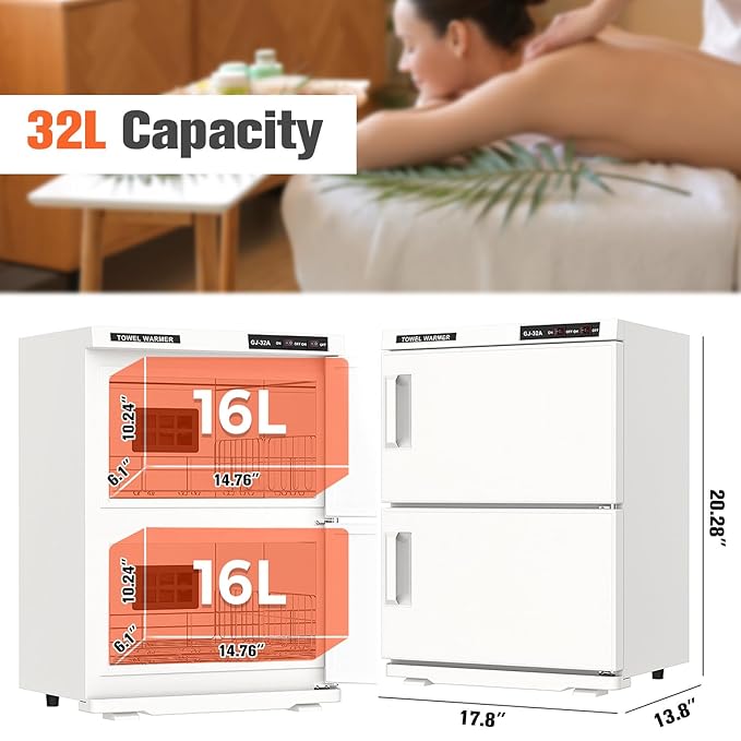 Large 32L Hot Towel Warmer Cabinet for Estheticians, Professional Double Door Towel Heater for Massage, Babers, Facial Spa, Hair Salon, Bathroom