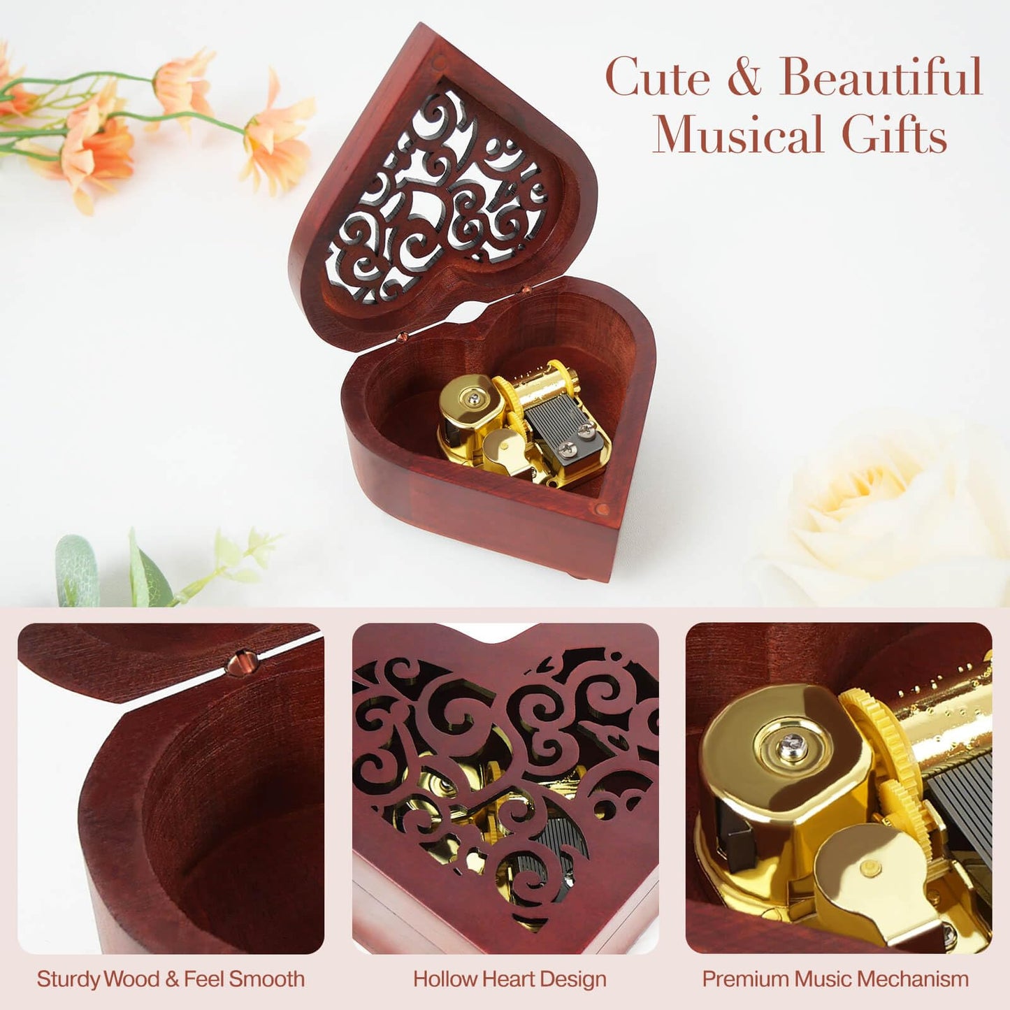 You are My Sunshine Music Box, Heart Shaped Wind Up Cute Wood Engraved Vintage Musical Gifts for Lover Girlfriend Boyfriend Husband Wife Woman Valentine's Day Christmas Anniversary Birthday Wedding