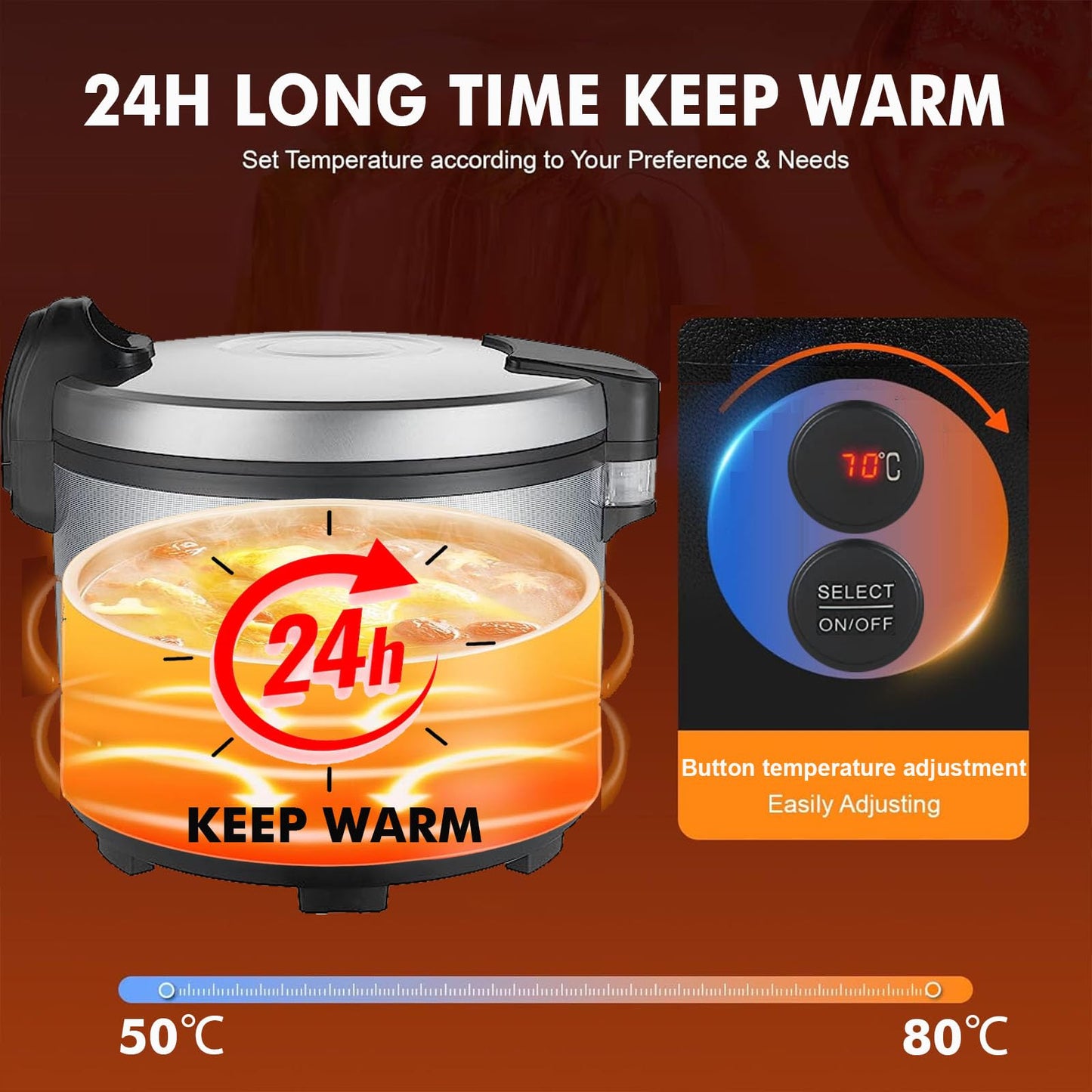 YOLLNIA 32.1QT Commercial Rice Warmer(Not Rice Cooker) Portable Big Food Rice Warmer / 122℉- 178℉ Adjustable Temperature/ 160W/ Non-stick Inner Pot For Restaurant Party Family