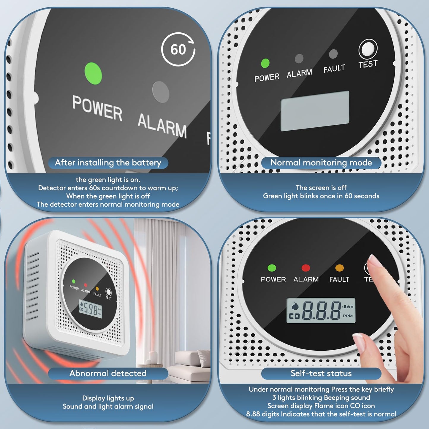 2 in 1, Carbon Monoxide Detectors,Smoke Detector,Smoke Combination CO Alarm,85db Alarm,LCD Large Screen,with 3*AA Batteries,Test Button,Low Battery Warning,Easy Install