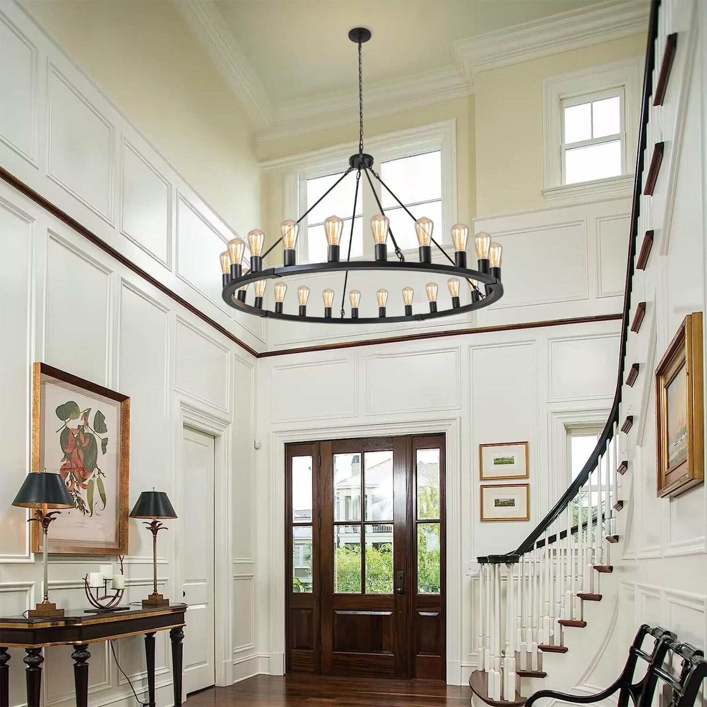 Rviezza Wagon Wheel Chandelier 24-Light 48-Inch, Black Round Rustic Farmhouse Chandelier Extra Large for High Ceilings, Dining Room, Living Room