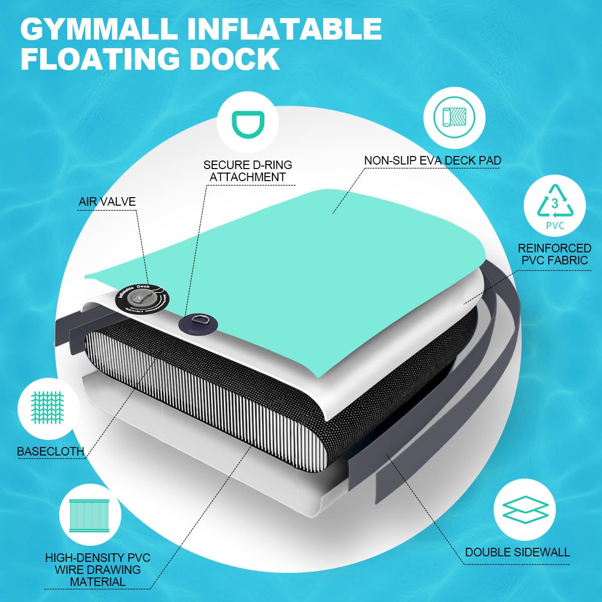 GYMMALL Inflatable Floating Dock Platform, 8ft*6ft Air Dock Platform Floating Island Raft with None-Slip Surface, 6in Thick Water Floating Dock Mat for Swimming Pool Lake Beach Ocean - Gray Green