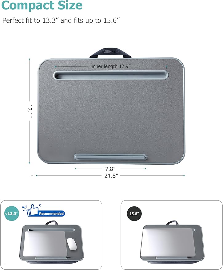 Millhome Lap Desk | Portable Laptop Desk – Fits Up to 15.6" Laptops –Detachable & Washable, Phone Holder, Device Ledge – for Writing, Working, Reading on Bed, Couch, Sofa, Floor – Blue Waves (Small)