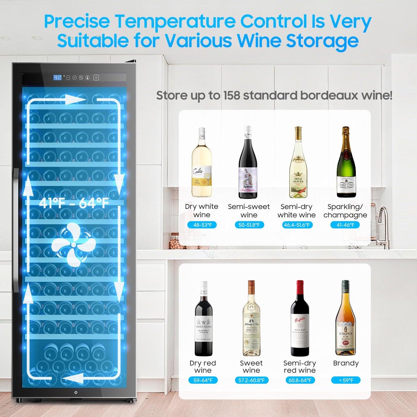 EORICE 158 Bottle Wine Cooler Refrigerator, 24 Inch Freestanding Wine Fridge with Professional Compressor, Fast Cooling Intelligent Memory, Sliding Rail Shelves Reversible Door Low Noise Cellar