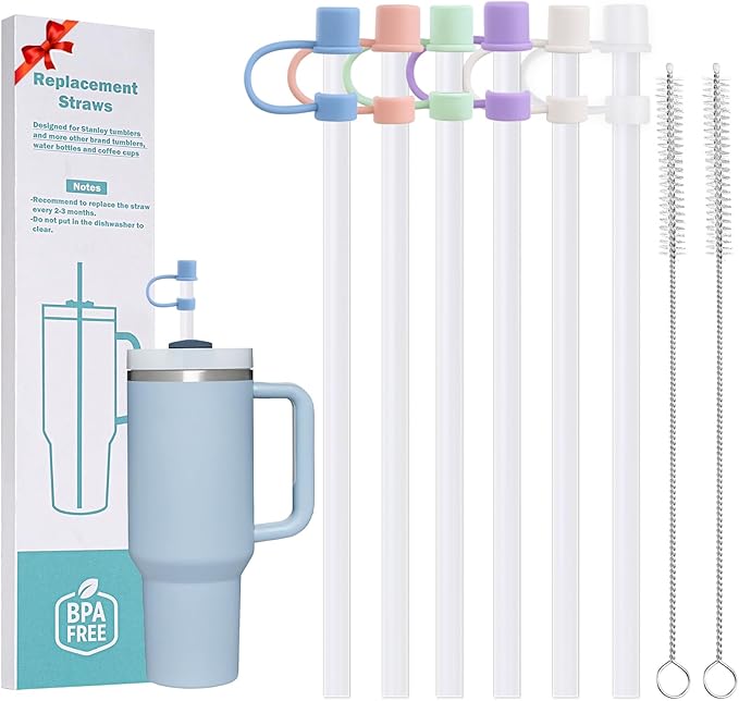 6 Plastic Straws Reusable for Stanley Tumbler 30 oz 40 oz, 12 Inch Straight Replacement Straw with 6 Colorful Straw Covers, 2 Cleaning Brushes for Stanley Cup Accessories