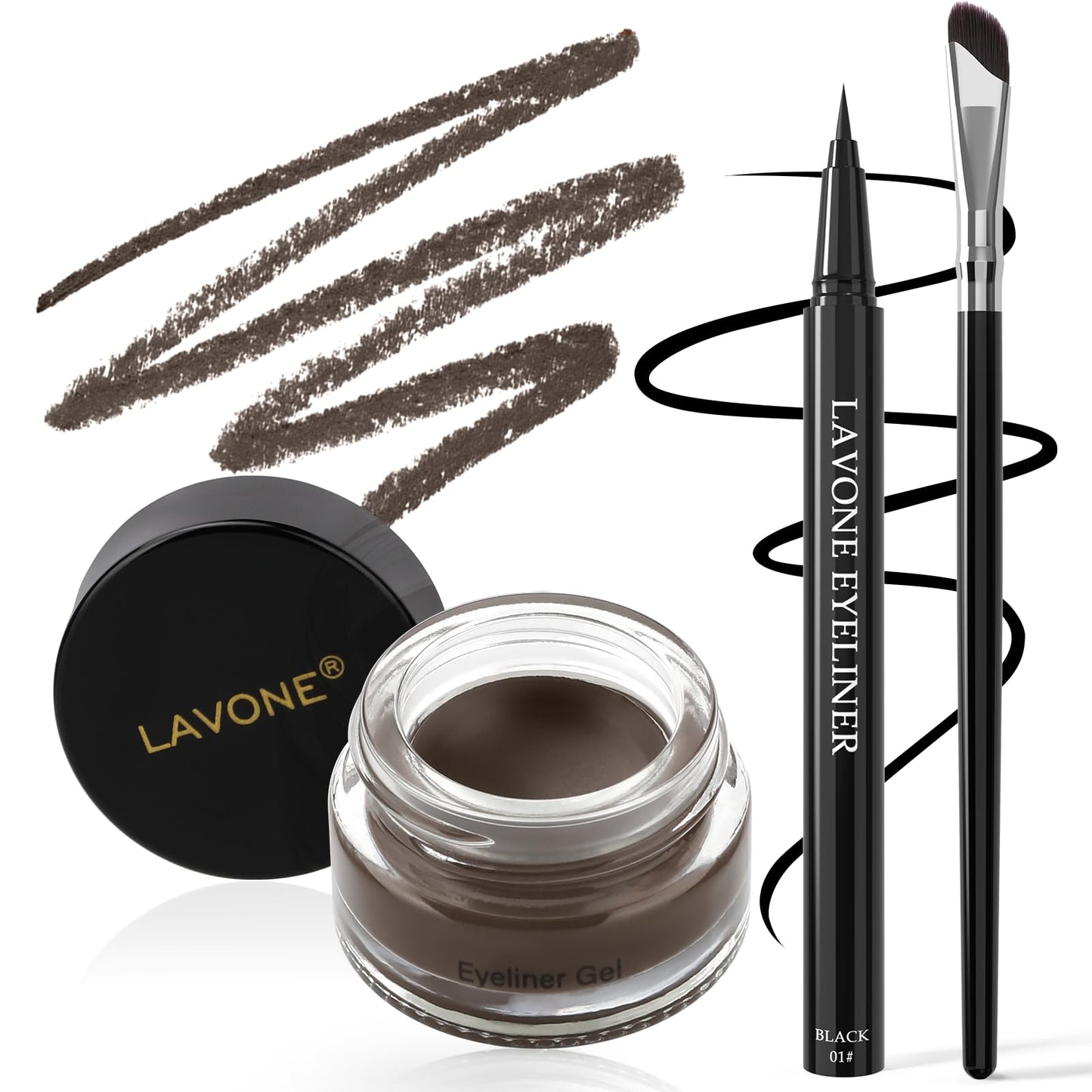 LAVONE Eyeliner Set - Waterproof Makeup Kit with Liquid eyeliner Pencil, Gel Eyeliner & Angled Eye liner Brush, Waterproof, Smud