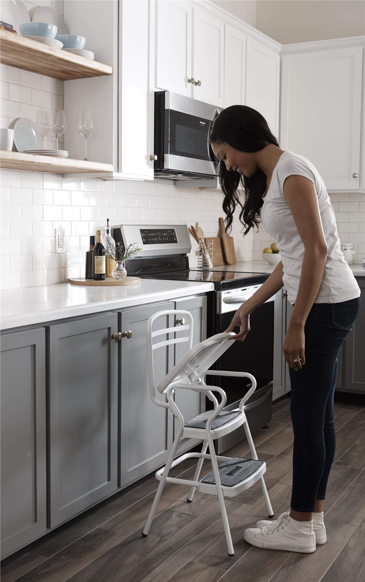 COSCO Stylaire Retro Chair + Step Stool with Flip-Up Vinyl Seat, White
