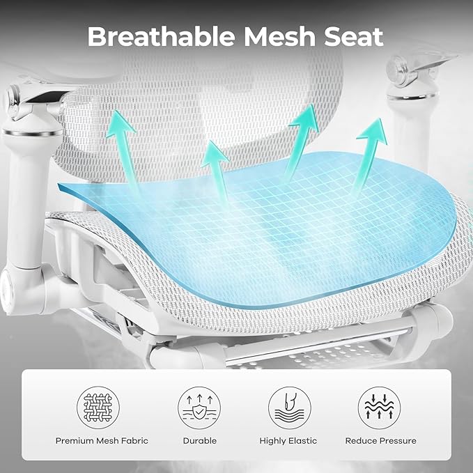 Morkprism Ergonomic Office Chair with 9D Arms,Adjustable Seat Depth,3D Lumbar Support,135° Recline,3D Headrest & Footrest,Mesh Computer Desk Chair for Home & Executive Office Grey White