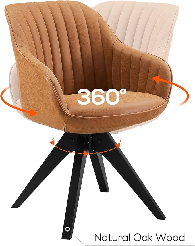 Art Leon Dining Chair, Mid Century Modern Faux Leather Upholstered Swivel Dining Room Chair with Wood Legs, Leisure Side Chair with Arms for Living Room, Brown