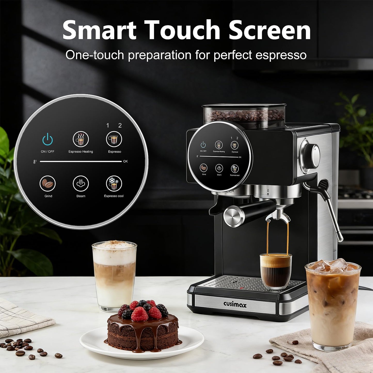Espresso Machine with Grinder, 20 Bar Professional Expresso Coffee Machines with Milk Frother Steam Wand, Espresso Maker with 60oz Removable Water Tank, Cappuccino & Latte Machine for Home (Dark-Pro)